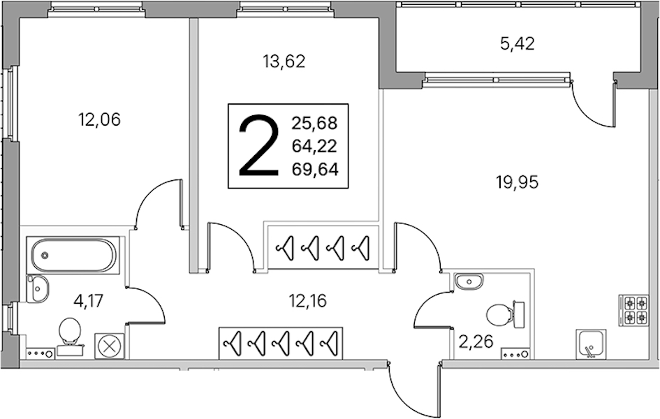 2-комнатная квартира 66.93 м², 1/4 эт., ЖК «Любоград в Стрельне»